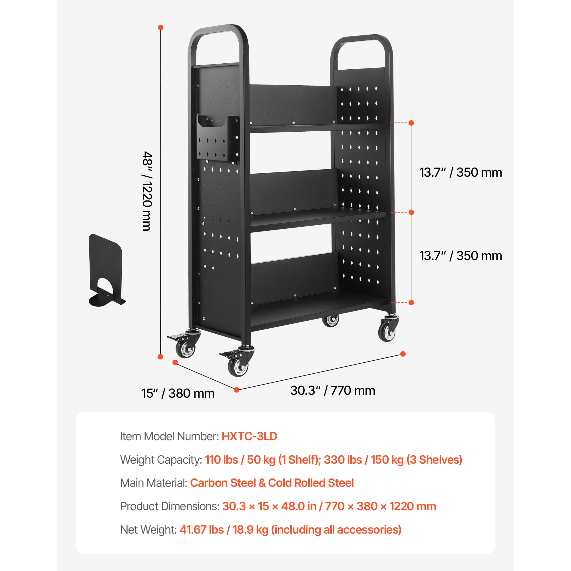 3-tier Rolling Book Cart With Single Sided Shelves In Black_voghion.com